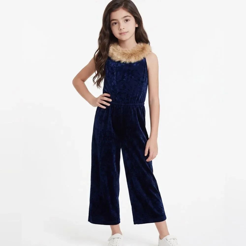 Janie and Jack 100044311 Navy Velvet Faux Fur Collar Jumpsuit NWT size 18-24 mon